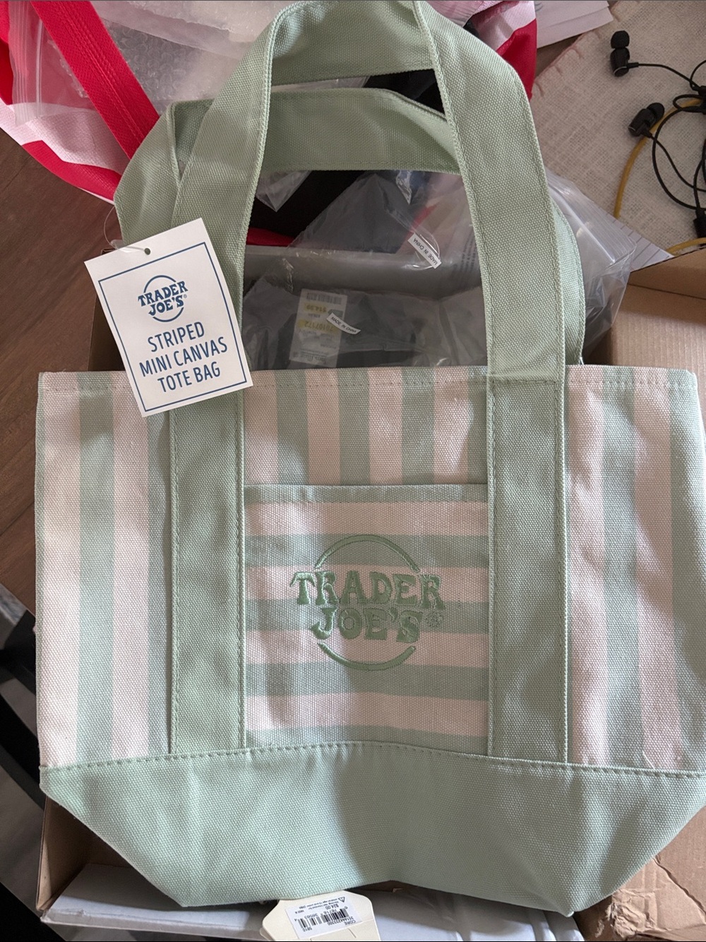 Trader Joe's Striped Mini Canvas Tote Bag in Mint and White